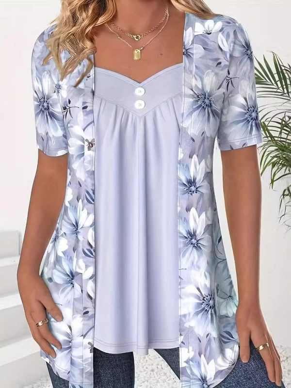 Fake Two Piece Blumenprint Patchwork Tops