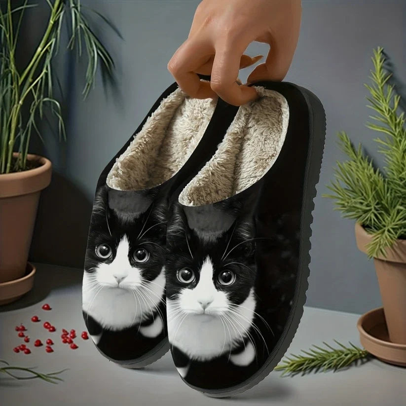 Damen Hausschuhe zum Hineinschlüpfen mit Katzenmotiv