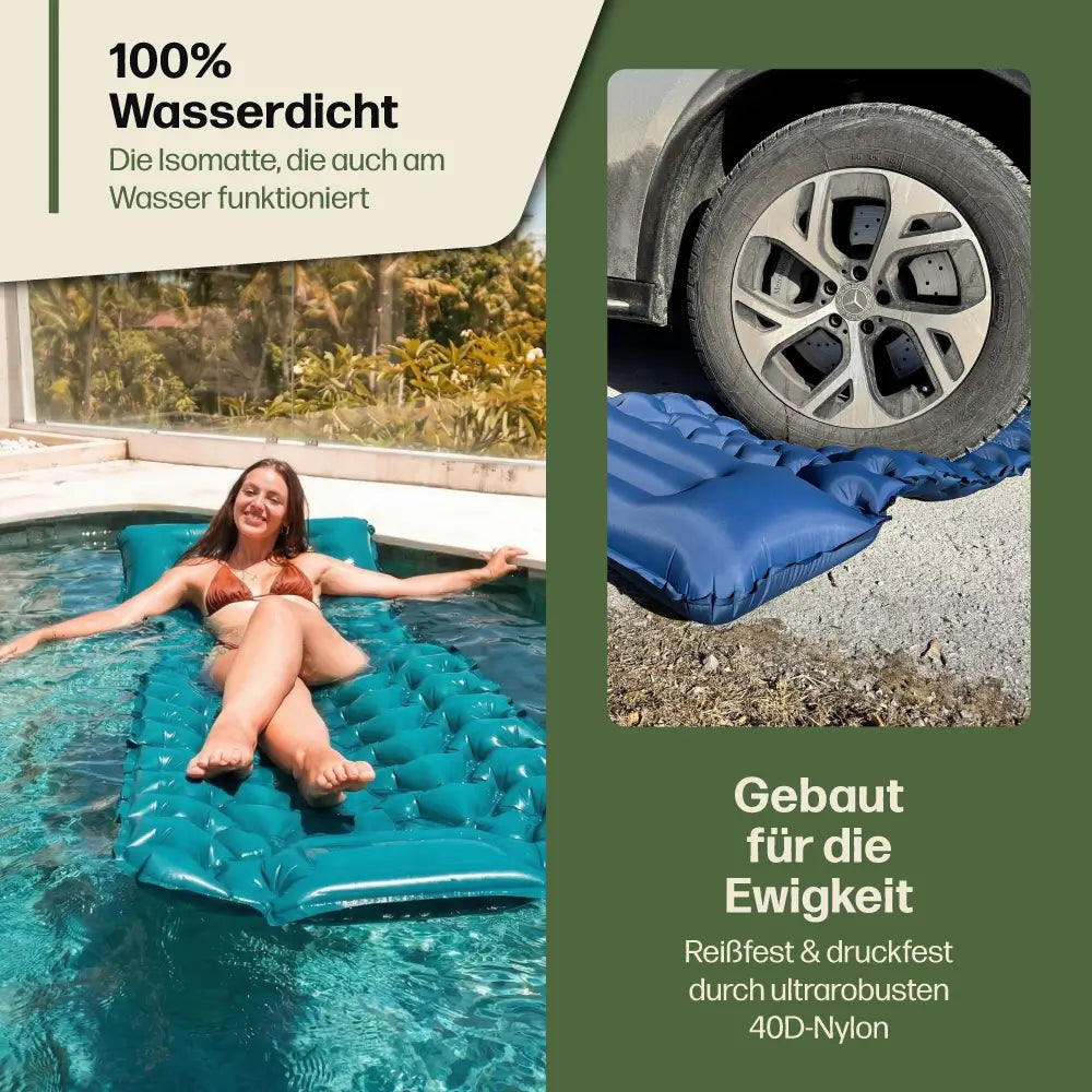Isomatte mit integrierter Luftpumpe, ultrakompakt und wasserdicht