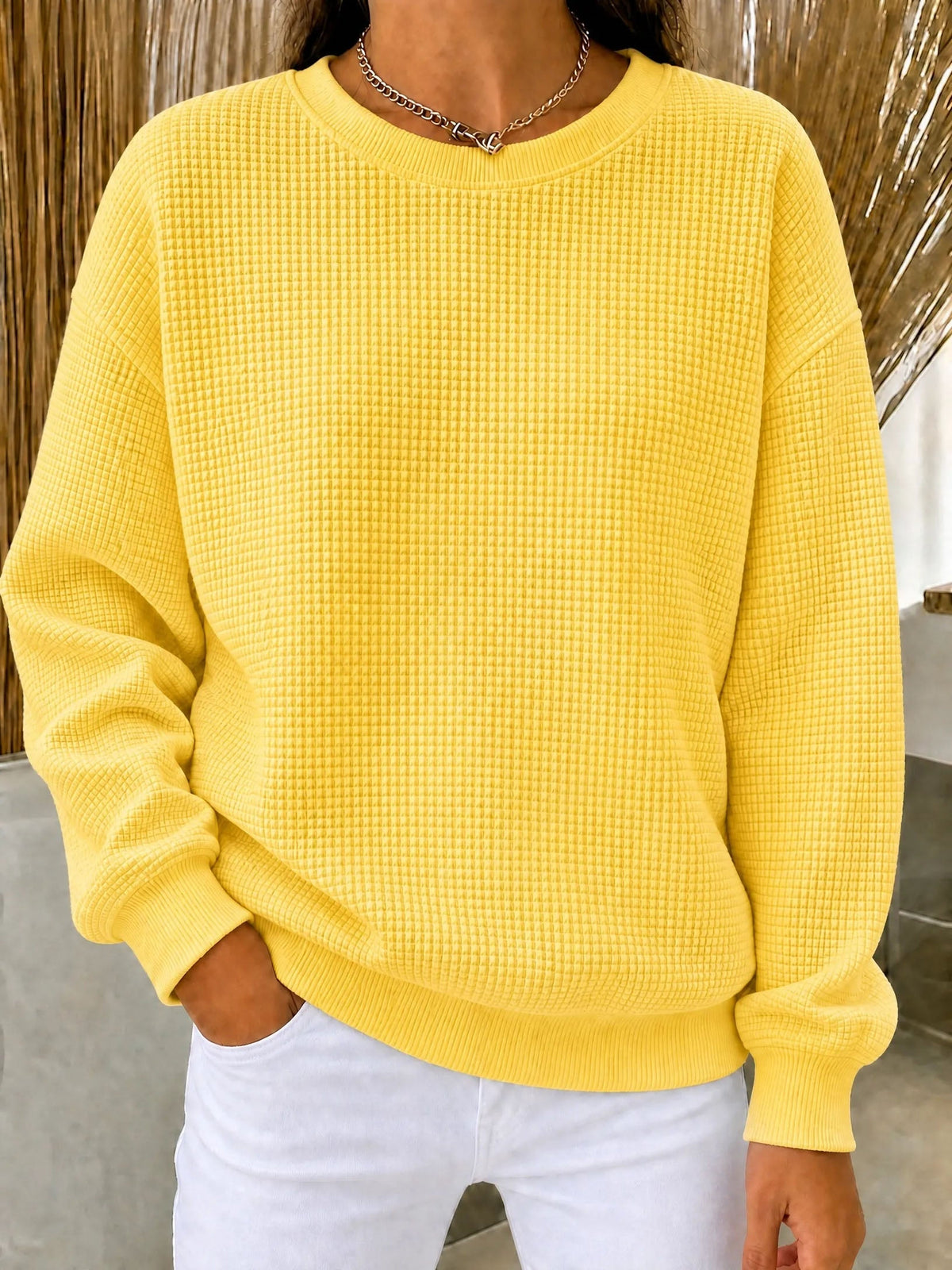 Damen Waffel-Strick Rundhals-Sweatshirt