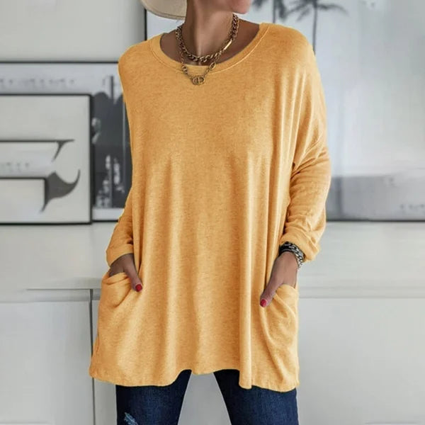 Locker sitzendes Langarm-T-Shirt für Damen mit Rundhalsausschnitt