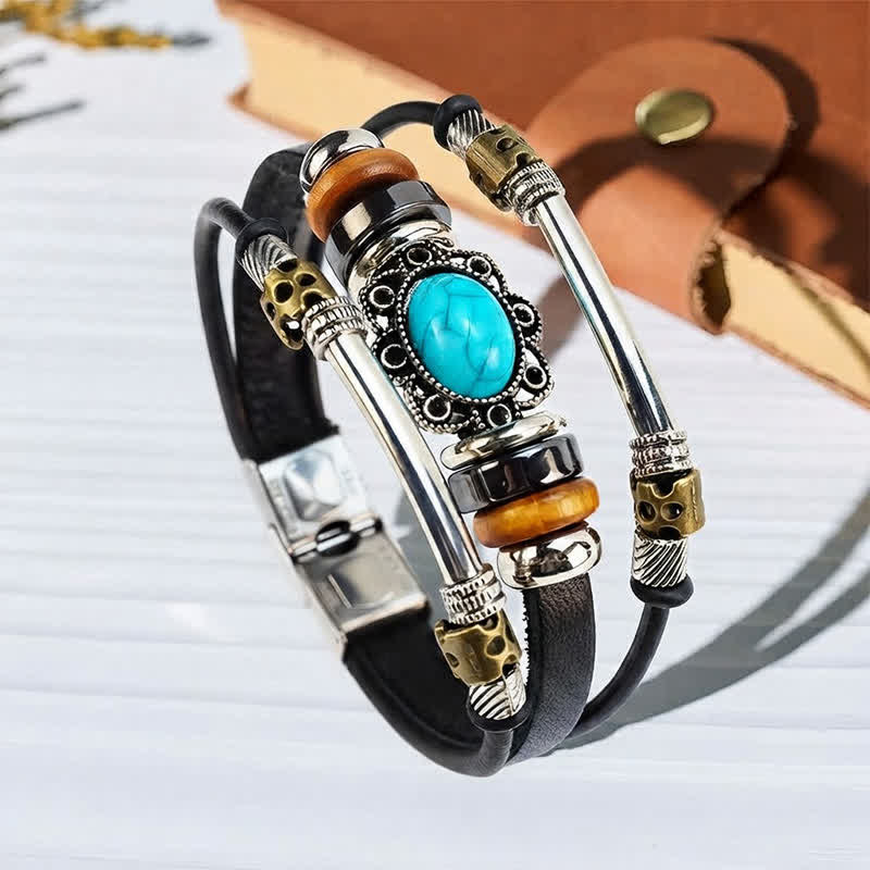 Handgeflochtenes Boho Türkis Charm Lederarmband