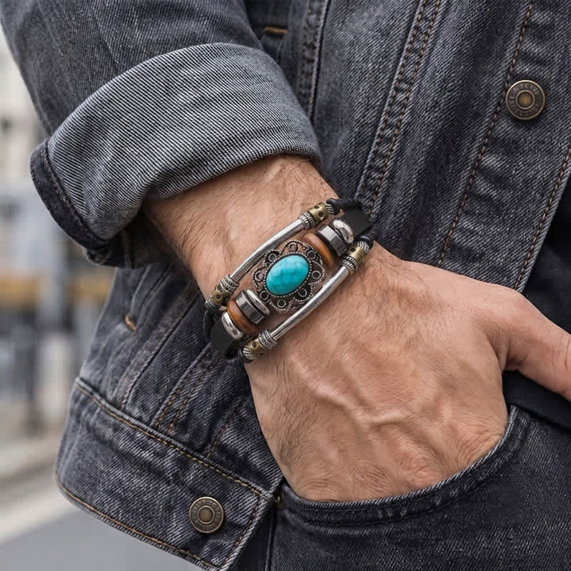 Handgeflochtenes Boho Türkis Charm Lederarmband