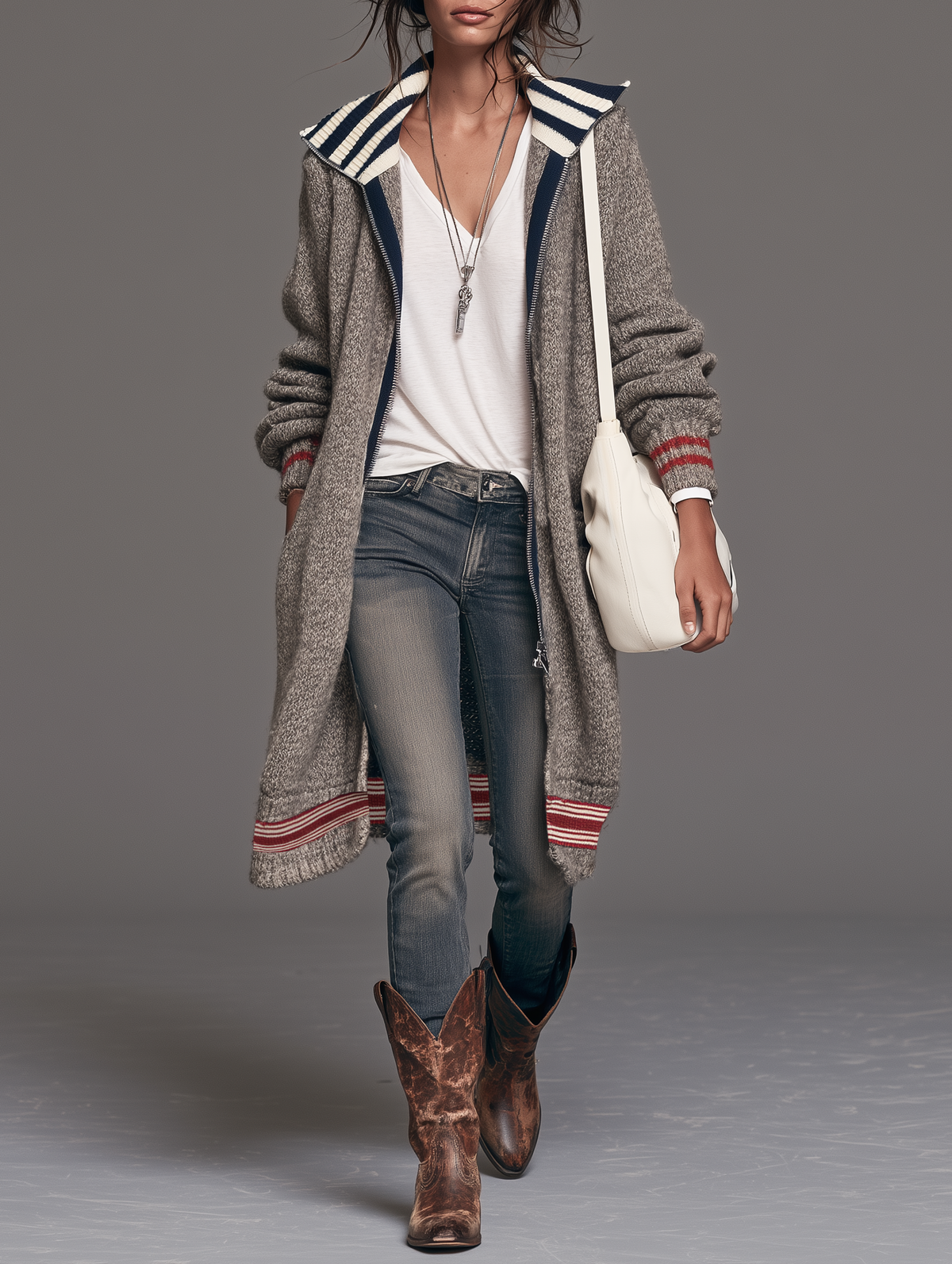 Damen Vintage Color-Block Gestreifte Zip-Up Cardigan Mittellang