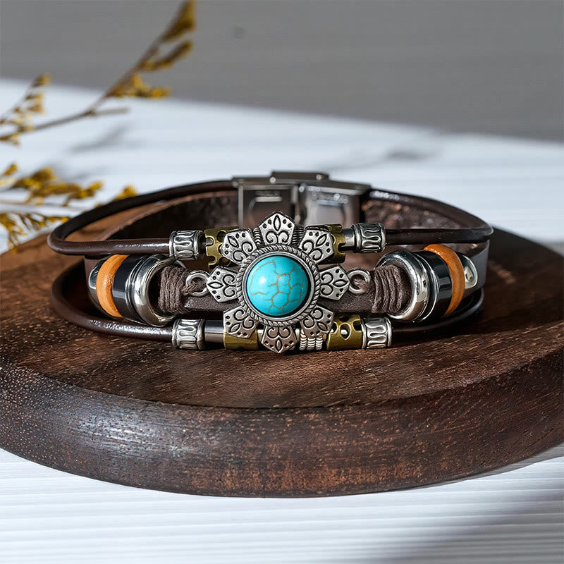Handgeflochtenes Boho Türkis Charm Lederarmband