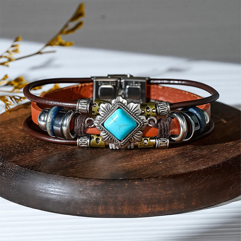 Handgeflochtenes Boho Türkis Charm Lederarmband