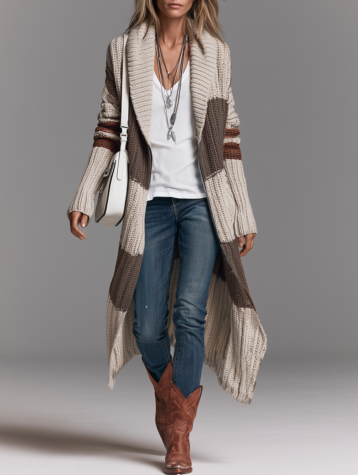 Damen Vintage Strickjacke mit Schalkragen und langem Reißverschluss