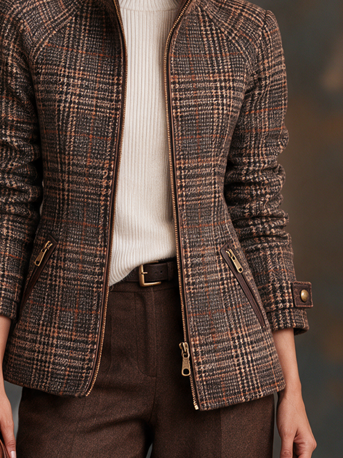 Damen Vintage Karierte Woll-Mix Jacke mit Reißverschluss und Stehkragen