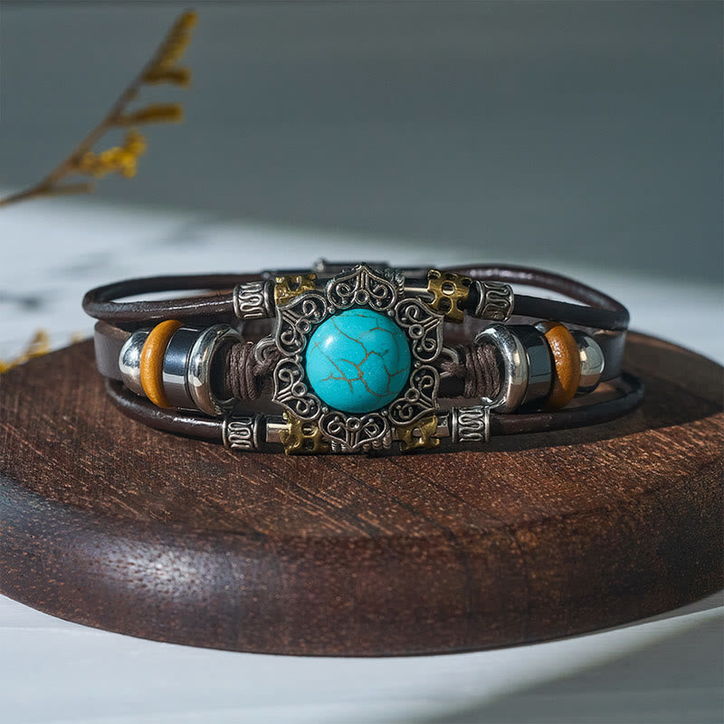 Handgeflochtenes Boho Türkis Charm Lederarmband