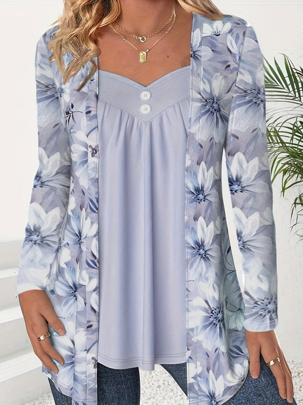 Fake Two Piece Blumenprint Patchwork Tops