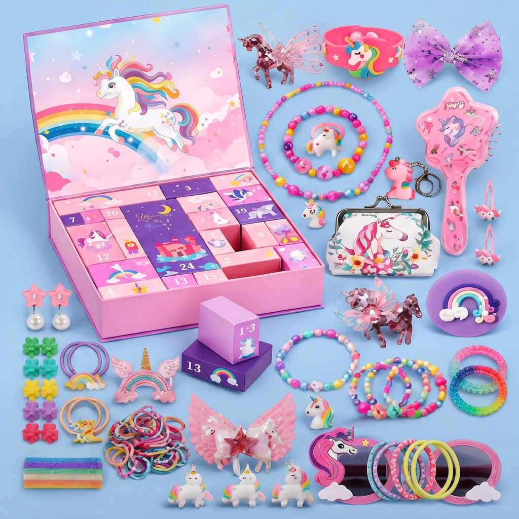24-Tage Einhorn-Adventskalender mit Haarschmuck, Aufklebern und Überraschungsgeschenken