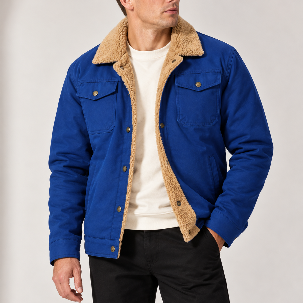 Herren-Truckerjacke mit Sherpa-Futter, Fleece-Kragen und Brusttaschen