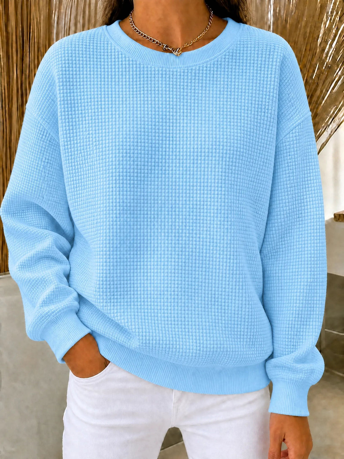 Damen Waffel-Strick Rundhals-Sweatshirt