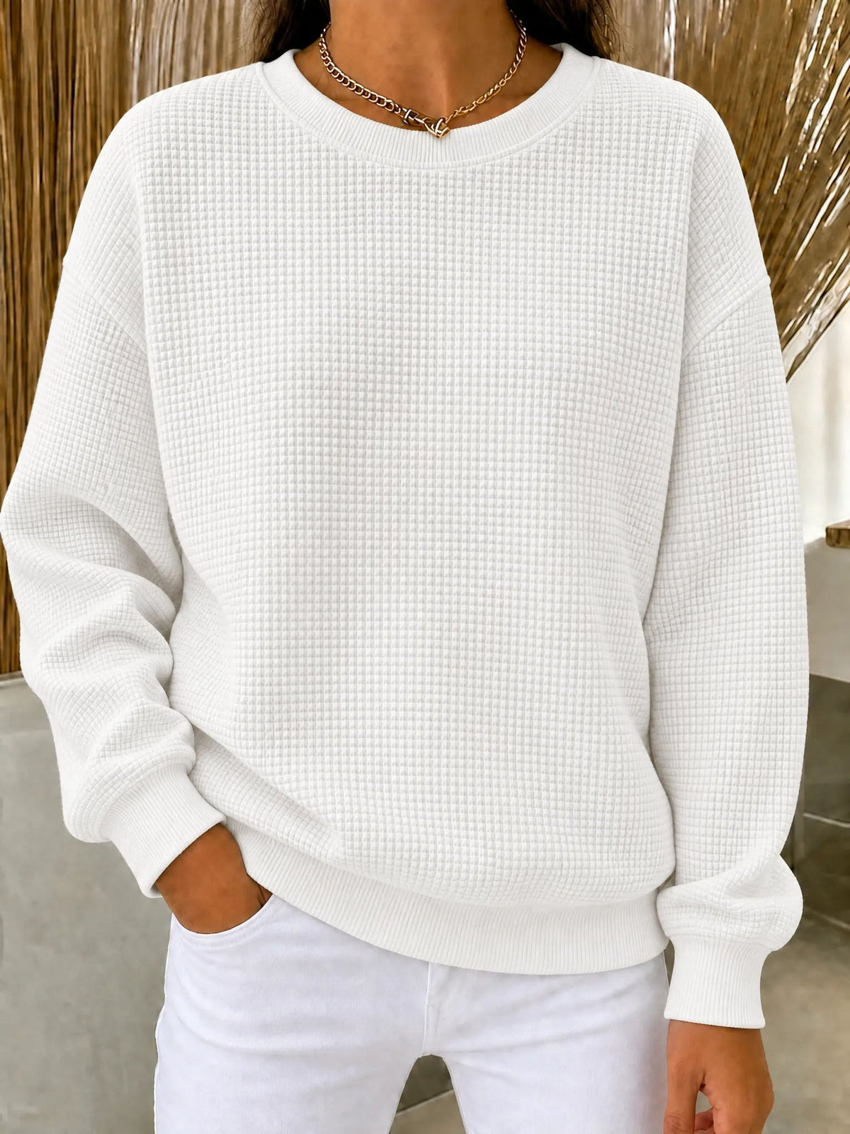 Damen Waffel-Strick Rundhals-Sweatshirt