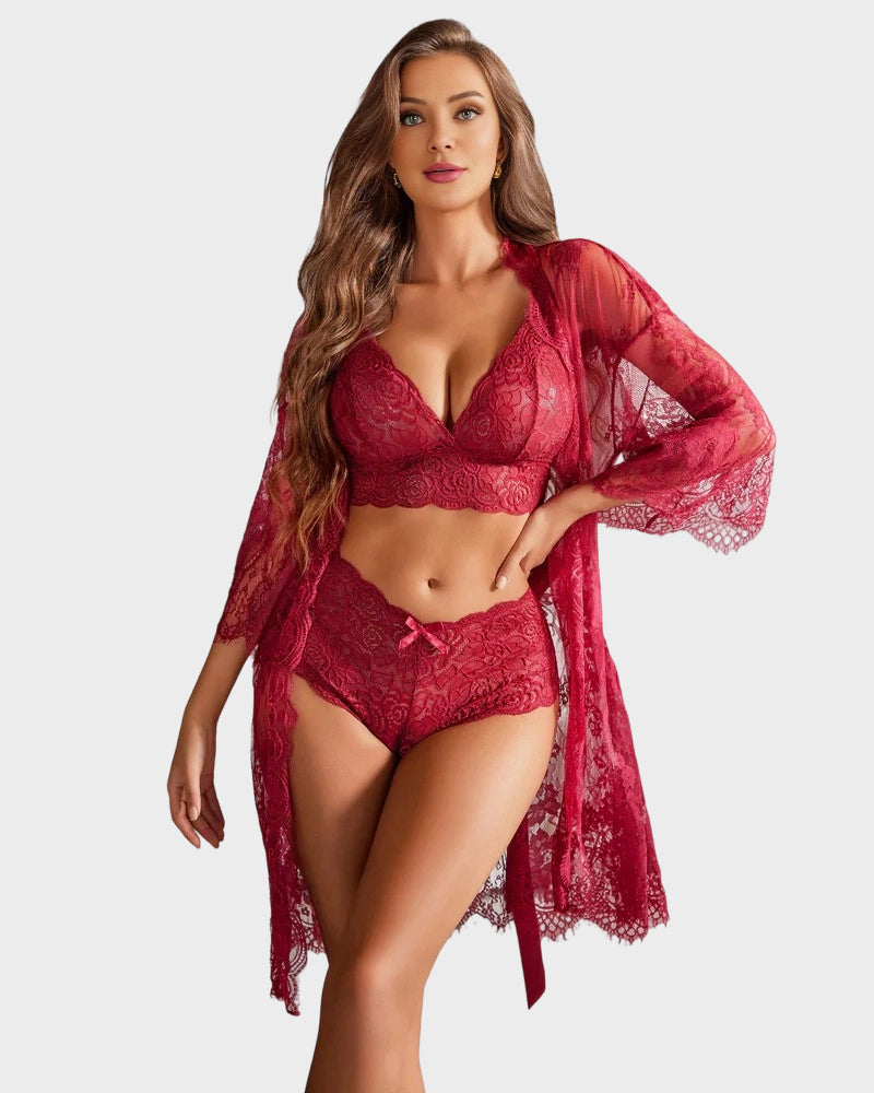 3-teiliges transparentes Dessous-Set aus floraler Spitze