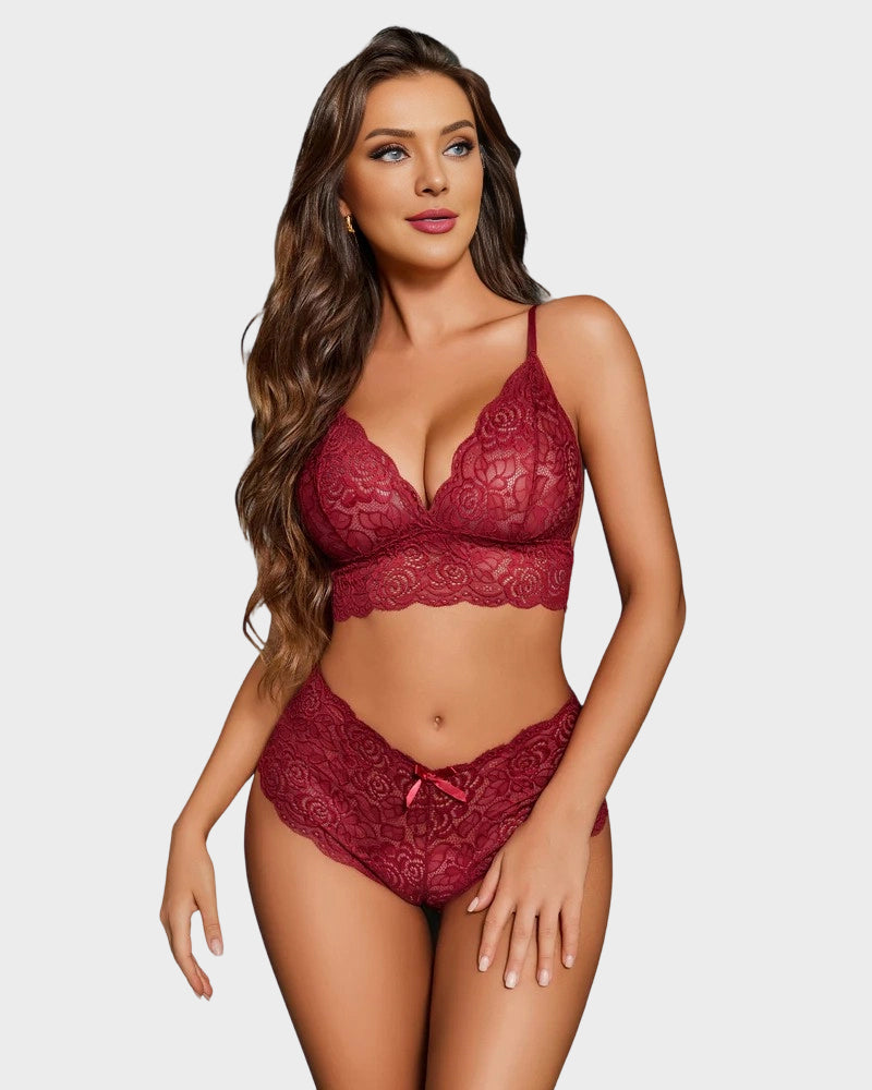 3-teiliges transparentes Dessous-Set aus floraler Spitze