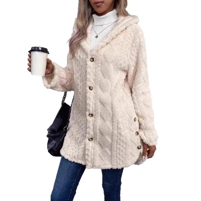 Damen Kapuzen Doppelseitige Fleece Strickjacke Langarm Lässig Warm Oberbekleidung