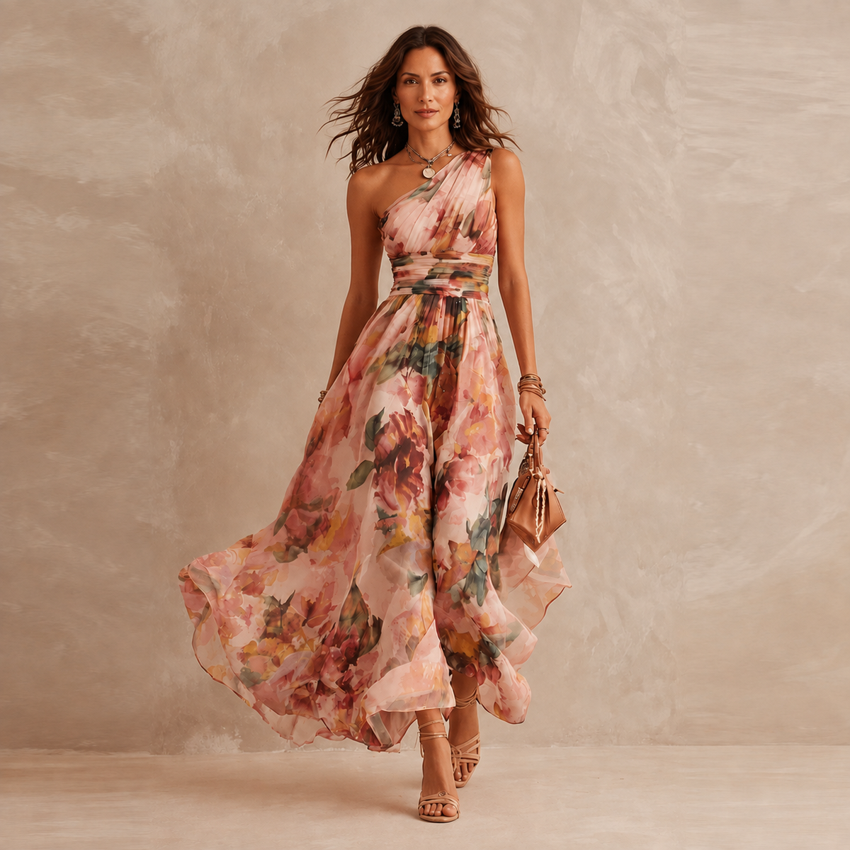 One-Shoulder Floral Maxi-Kleid