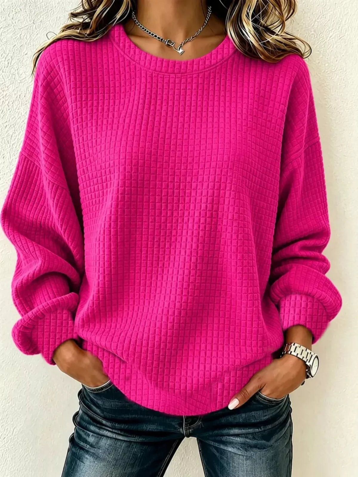 Waffelstrick Langarm Rundhals Sweatshirt in Übergrößen