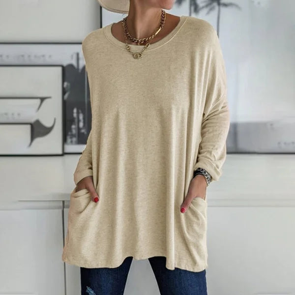 Locker sitzendes Langarm-T-Shirt für Damen mit Rundhalsausschnitt