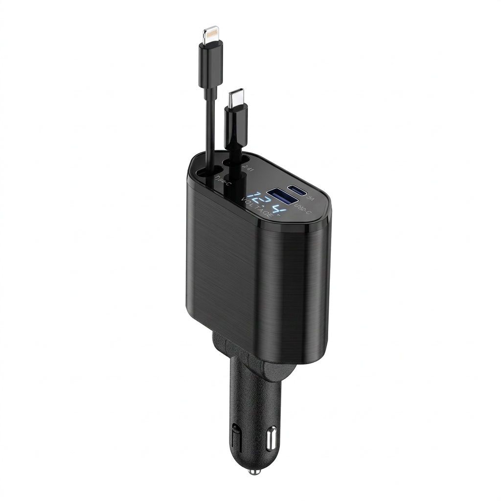 4-in-1 Einziehbares Auto-Ladegerät Schnell Auto-Handy-Ladegerät 120W mit USB Typ C Kabel