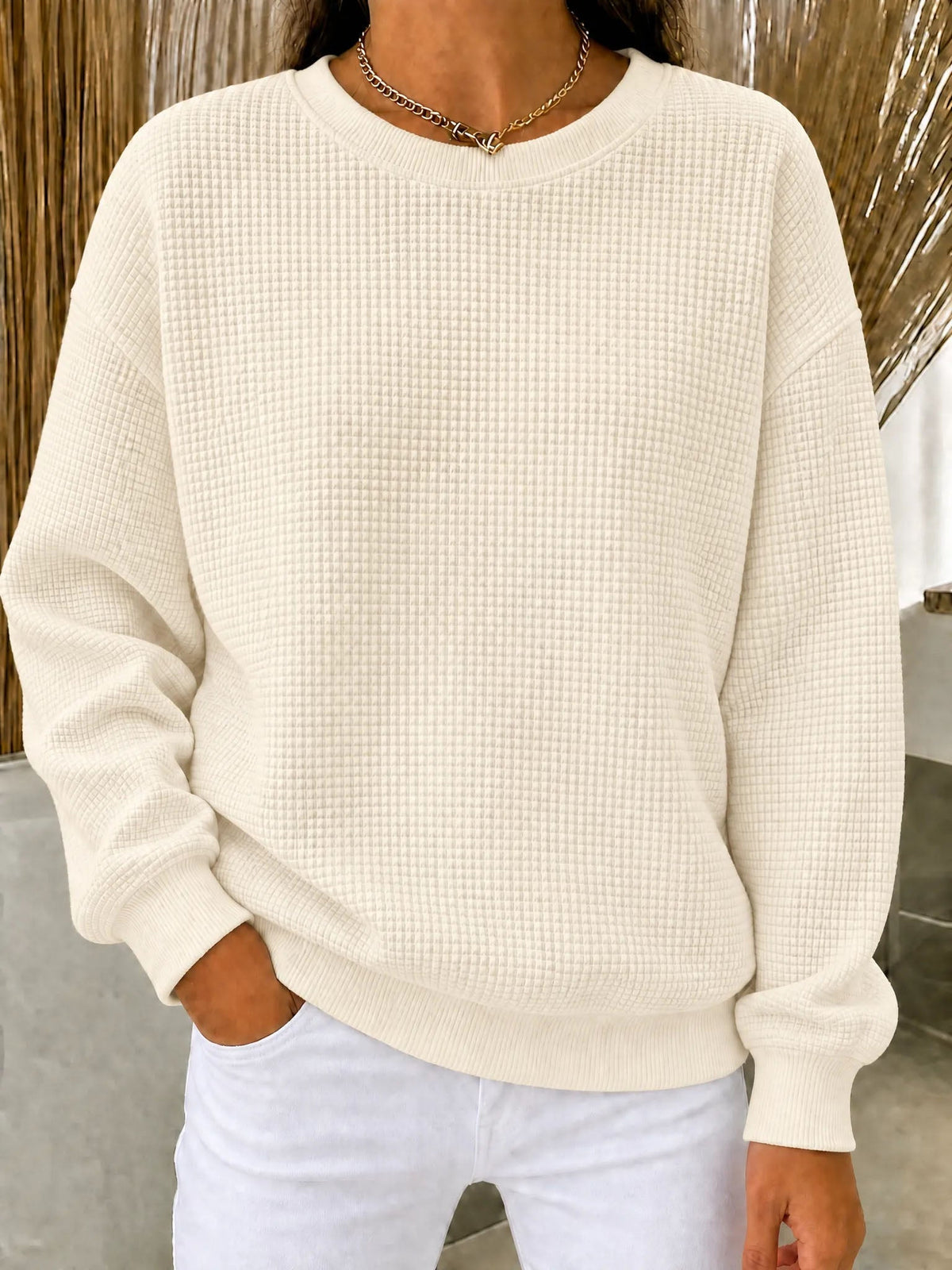 Damen Waffel-Strick Rundhals-Sweatshirt