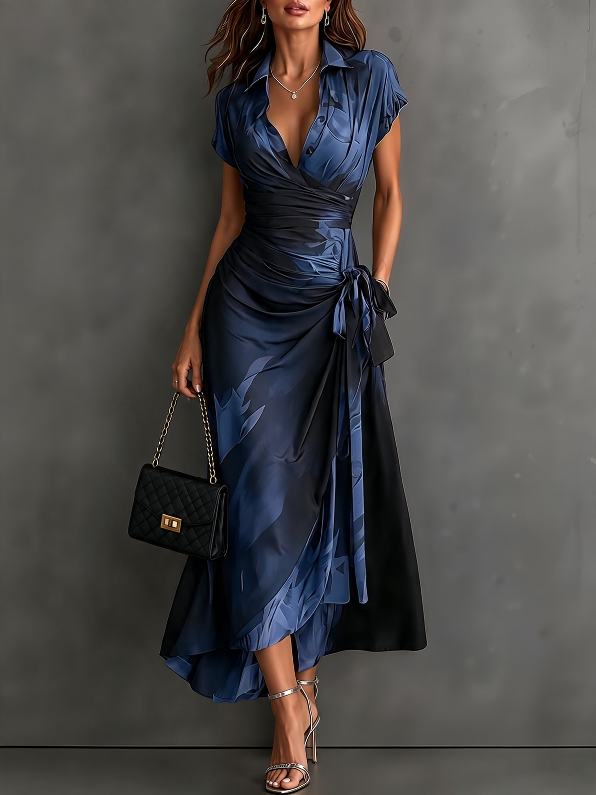 Braun Schwarz Abstraktes Print Wickel-Midikleid