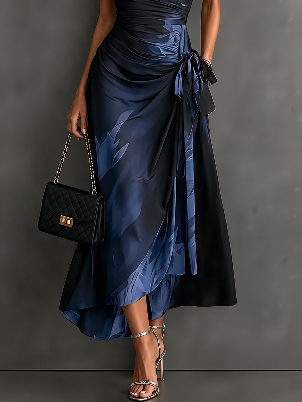 Braun Schwarz Abstraktes Print Wickel-Midikleid