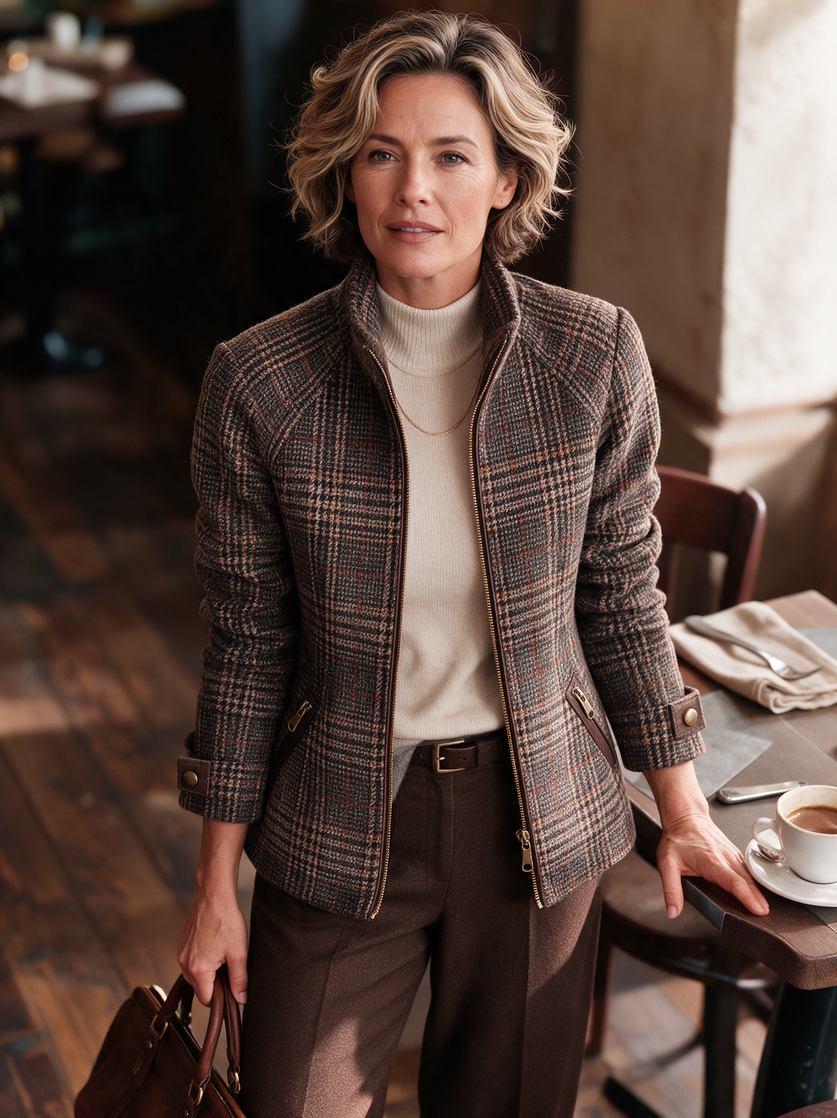Damen Vintage Karierte Woll-Mix Jacke mit Reißverschluss und Stehkragen