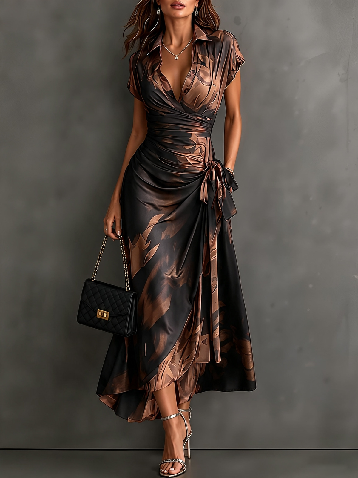 Braun Schwarz Abstraktes Print Wickel-Midikleid