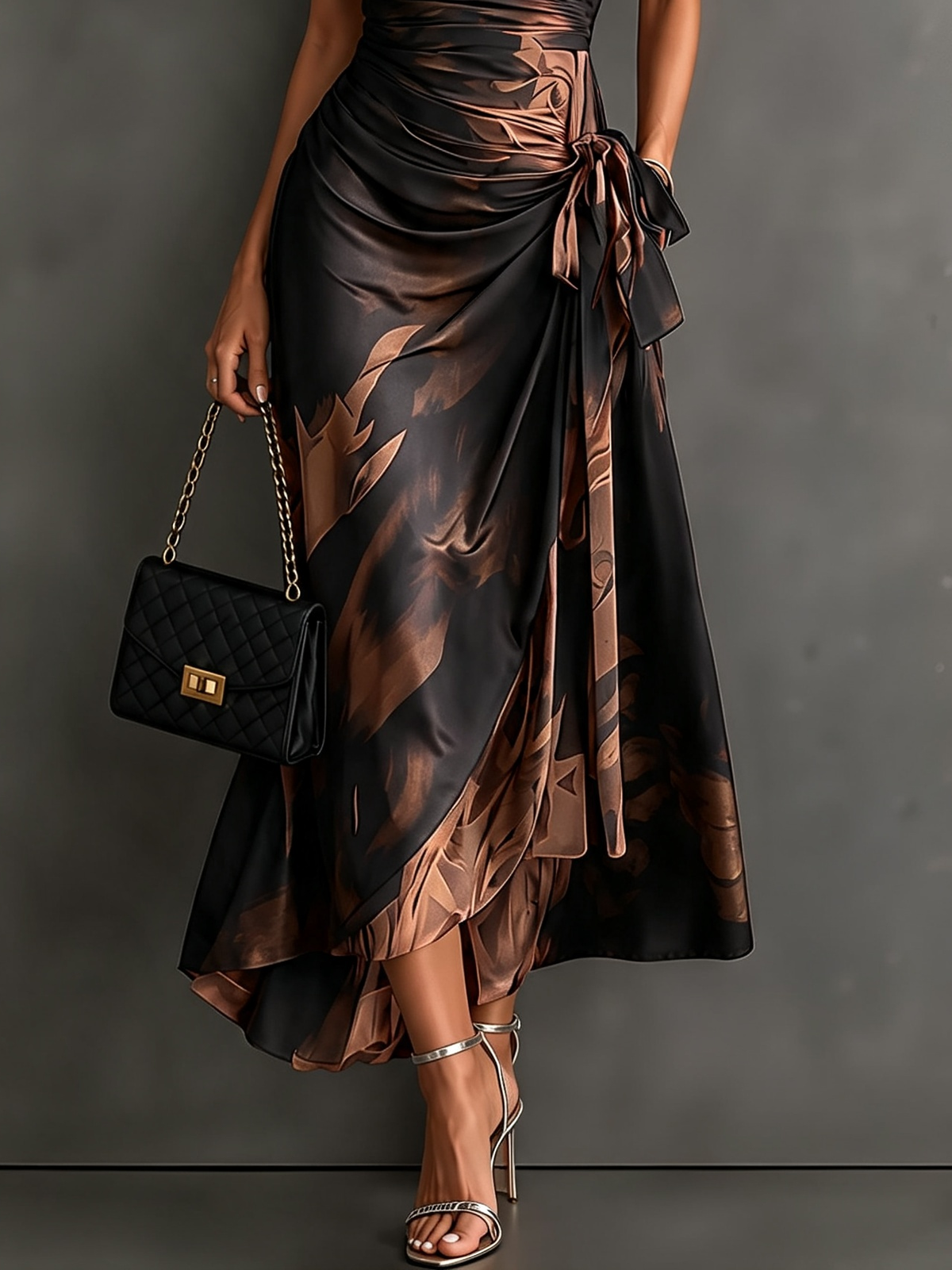 Braun Schwarz Abstraktes Print Wickel-Midikleid