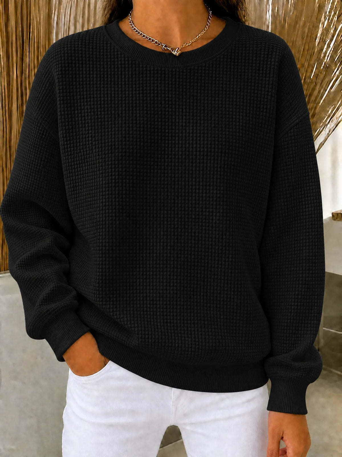 Damen Waffel-Strick Rundhals-Sweatshirt