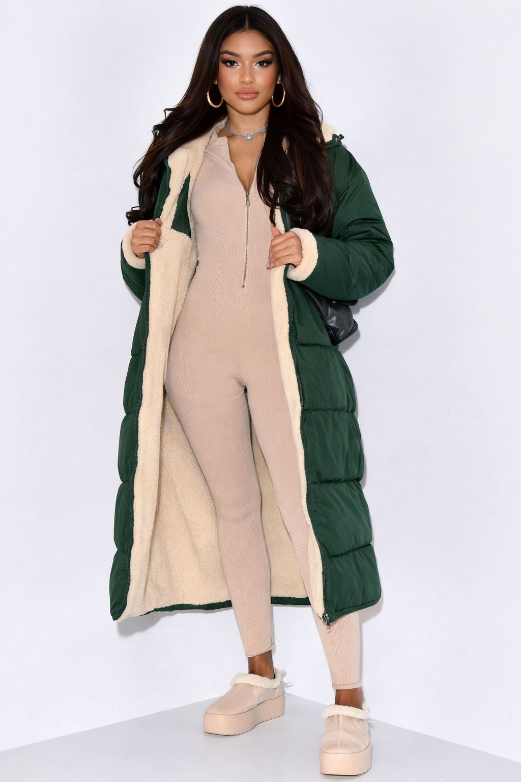 Wendbare Damen-Steppjacke mit Kapuze, lange Länge