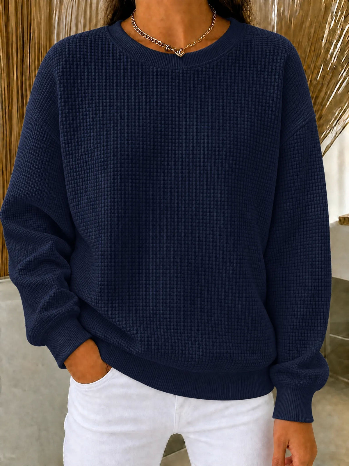 Damen Waffel-Strick Rundhals-Sweatshirt
