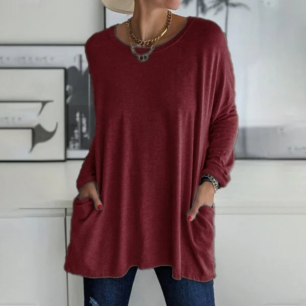 Locker sitzendes Langarm-T-Shirt für Damen mit Rundhalsausschnitt
