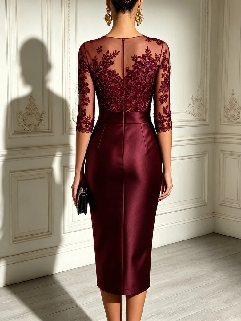 Schwarzes Spitzen-Tüll-Ärmel-Schleifen-Satin-Midikleid
