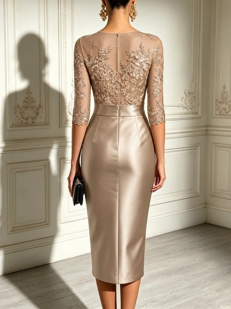 Schwarzes Spitzen-Tüll-Ärmel-Schleifen-Satin-Midikleid