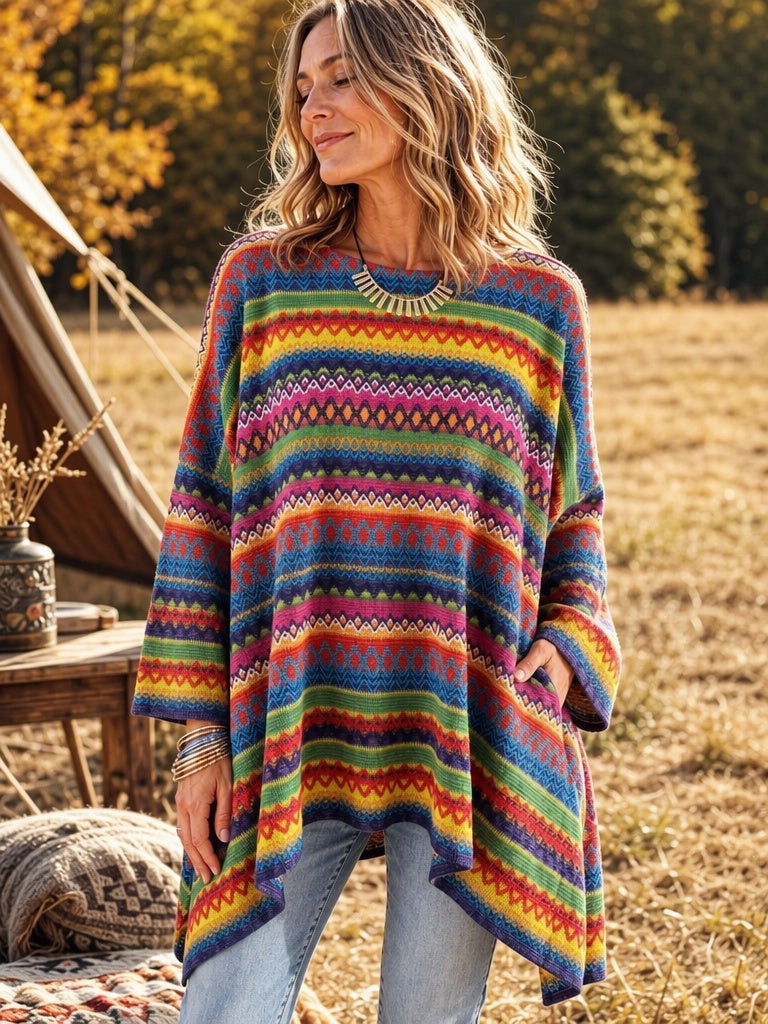 Boho Geometrisches Oversized Strick-Top