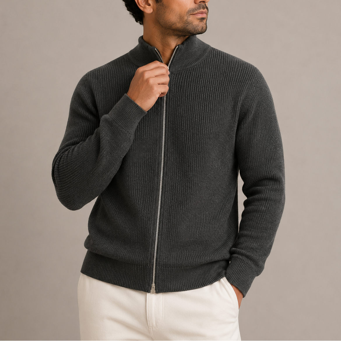 Herren Gerippte Zip Strickjacke – Vollständig durchgehender Reißverschluss mit Stehkragen