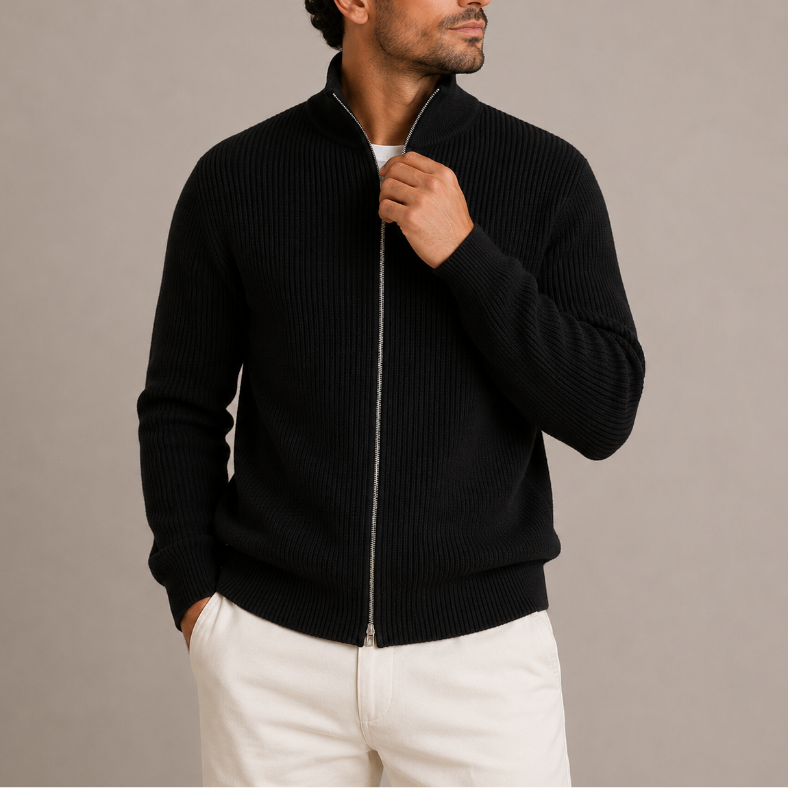 Herren Gerippte Zip Strickjacke – Vollständig durchgehender Reißverschluss mit Stehkragen