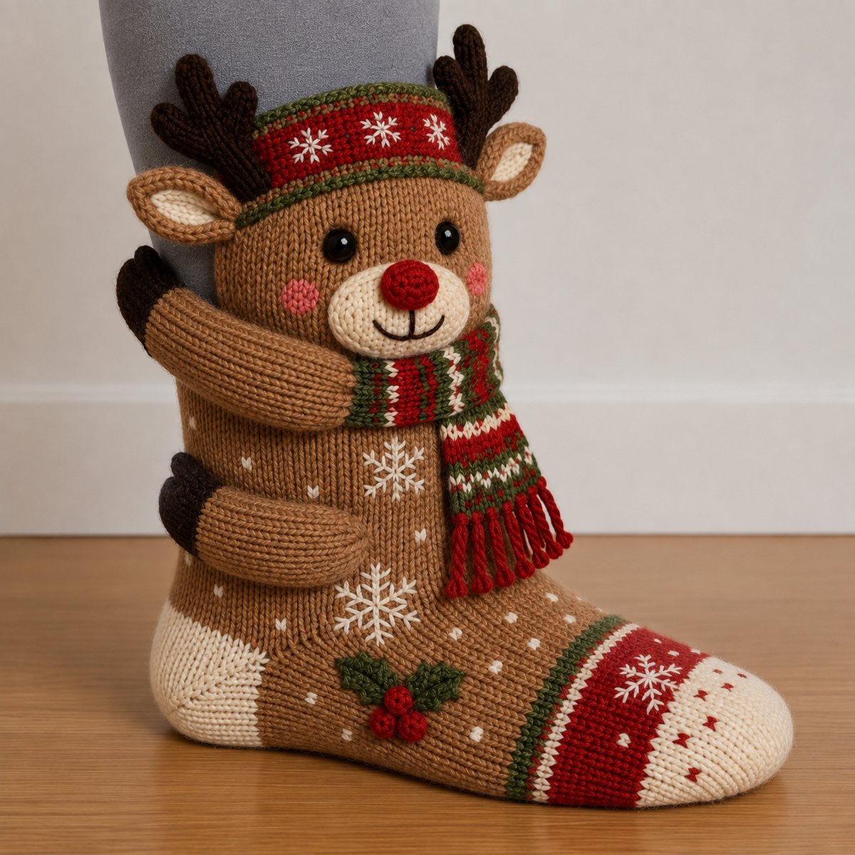 3D Umarmende Weihnachts-Socken mit süßem Strickdesign