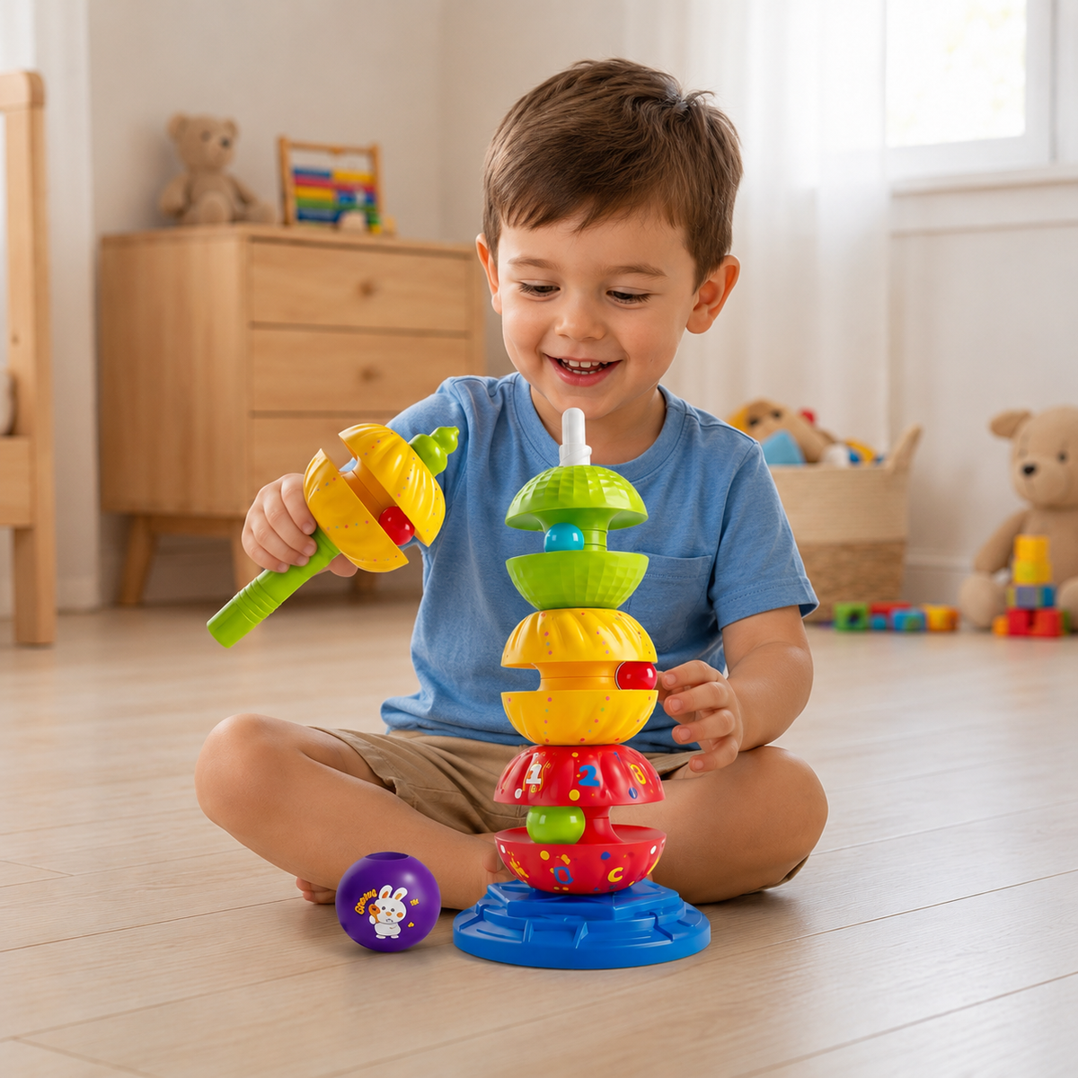 2-in-1 interaktiver drehbarer Stapel- und Kugelfallturm mit Rassel für Kinder