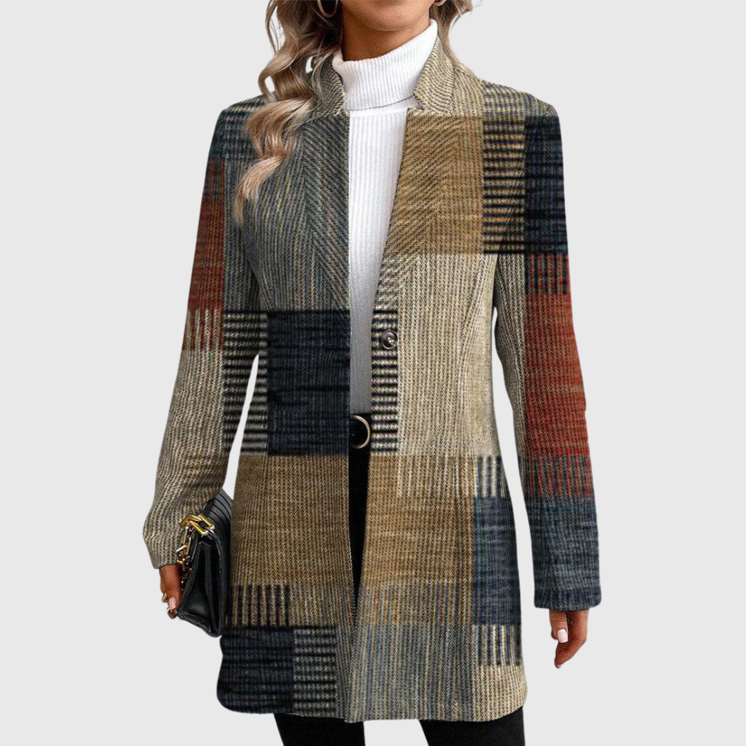 Langer Patchwork-Blazer mit Karomuster für Damen