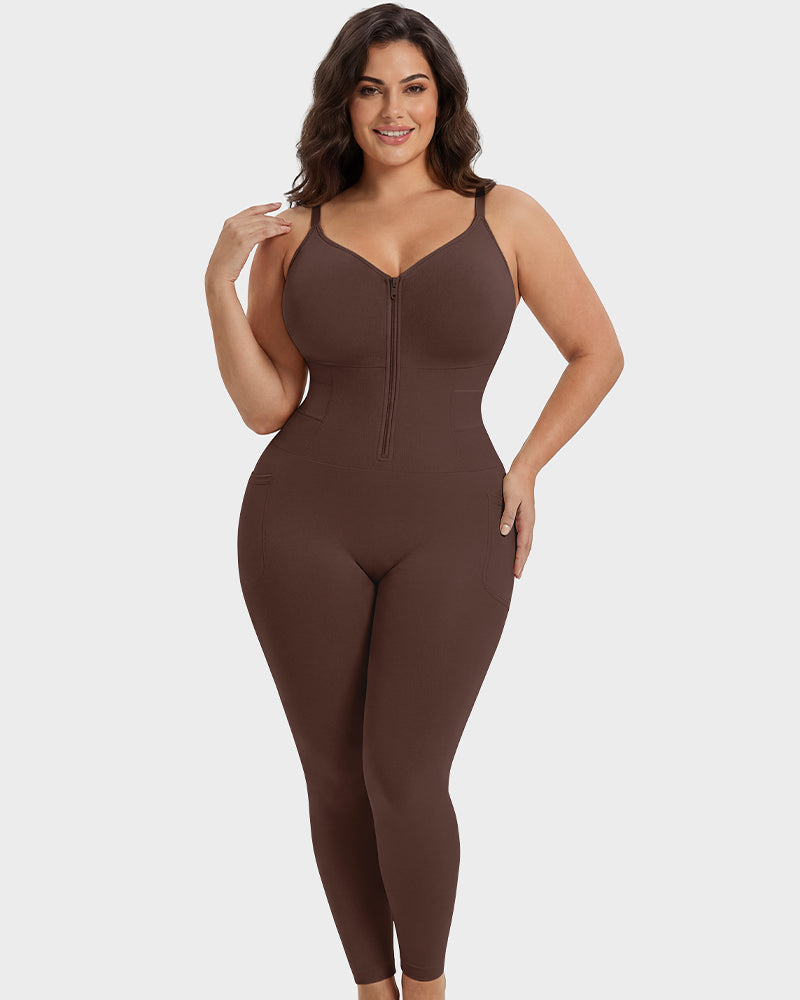 Tiefer V-Ausschnitt Reißverschluss vorne Ganzkörper-Shapewear