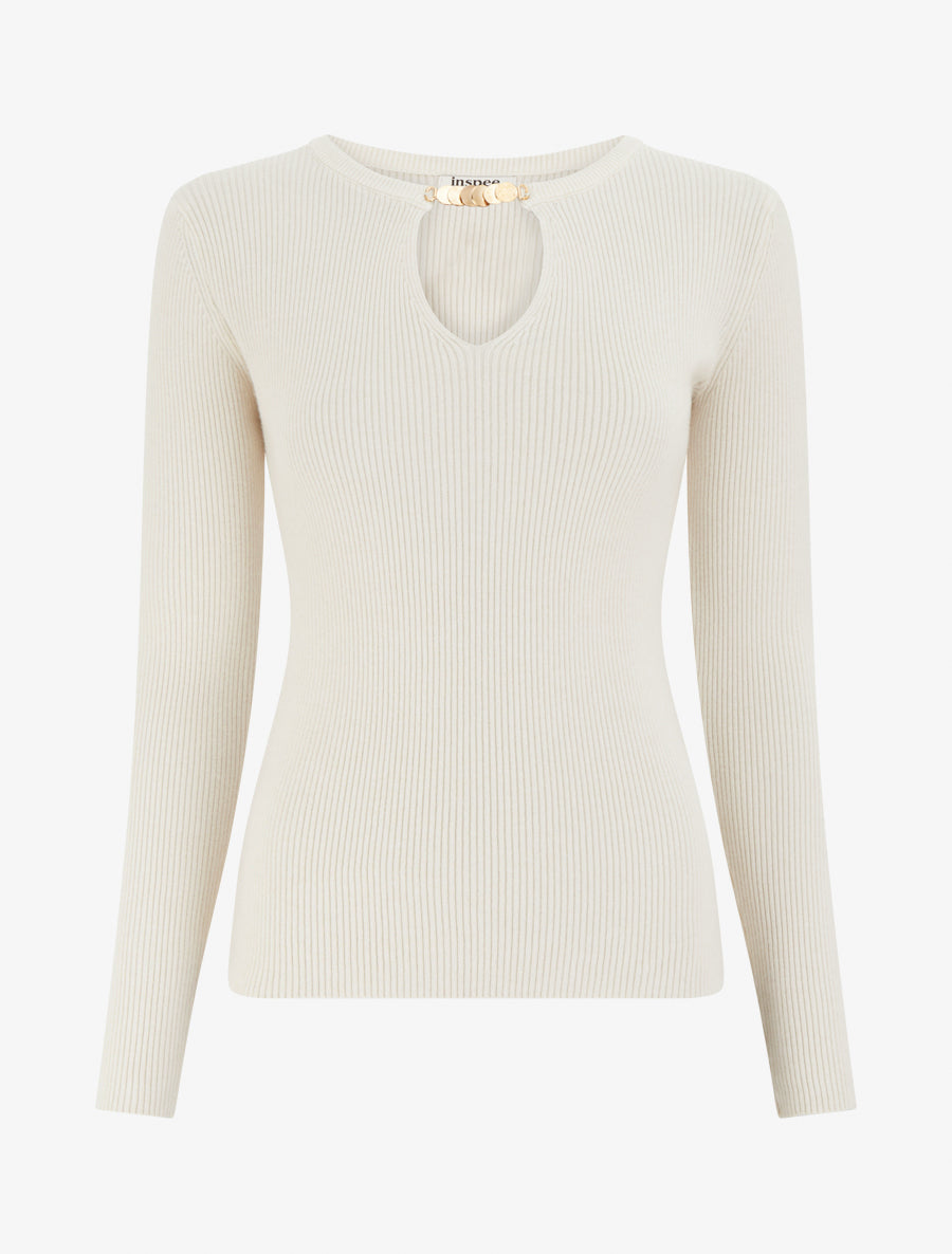 Pull côtelé col V bijou - Beige