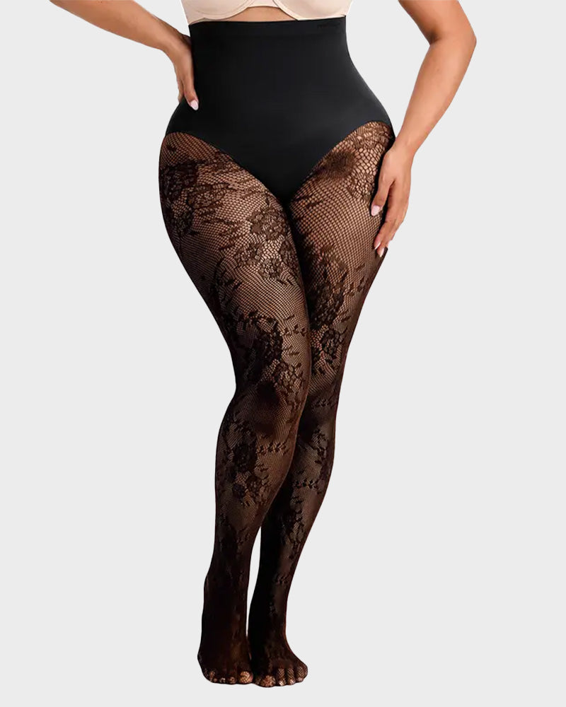 Hochgeschnittene Strumpfhose mit floraler Spitze und Shaping-Effekt
