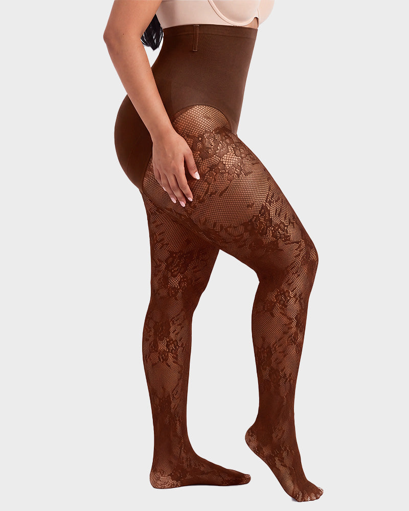 Hochgeschnittene Strumpfhose mit floraler Spitze und Shaping-Effekt