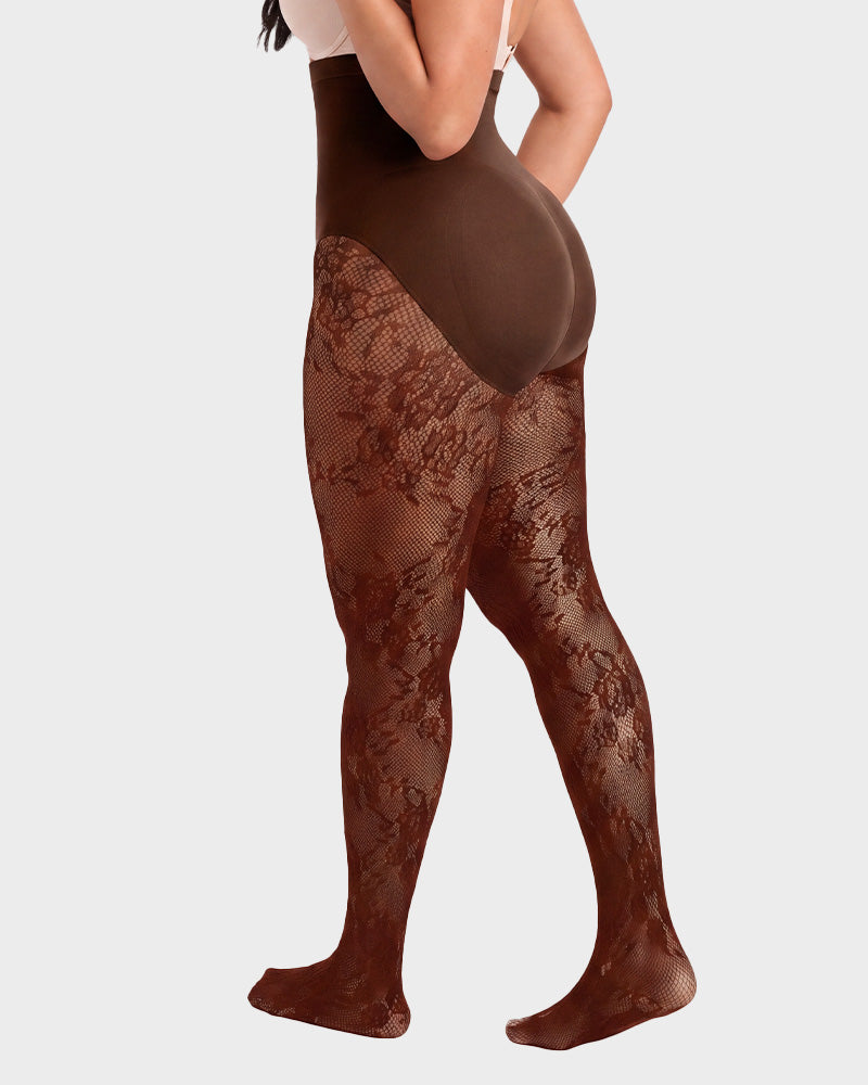 Hochgeschnittene Strumpfhose mit floraler Spitze und Shaping-Effekt