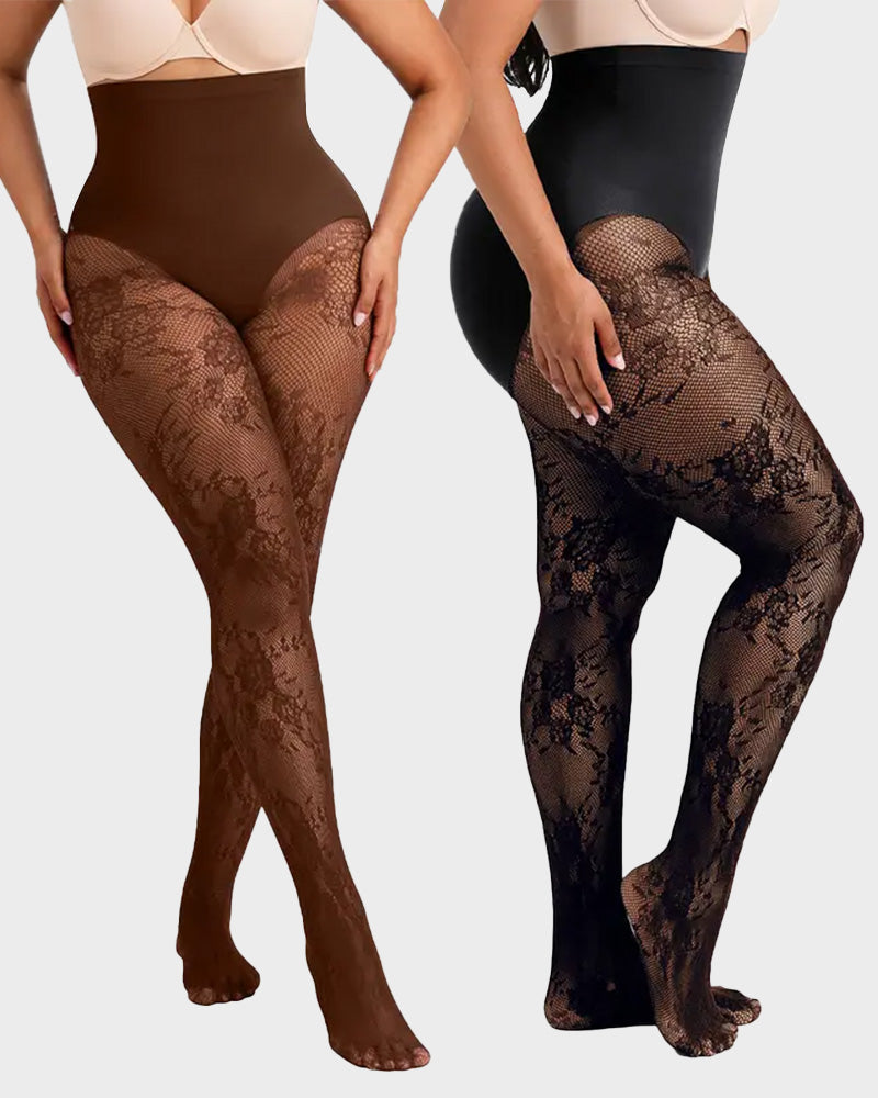 Hochgeschnittene Strumpfhose mit floraler Spitze und Shaping-Effekt