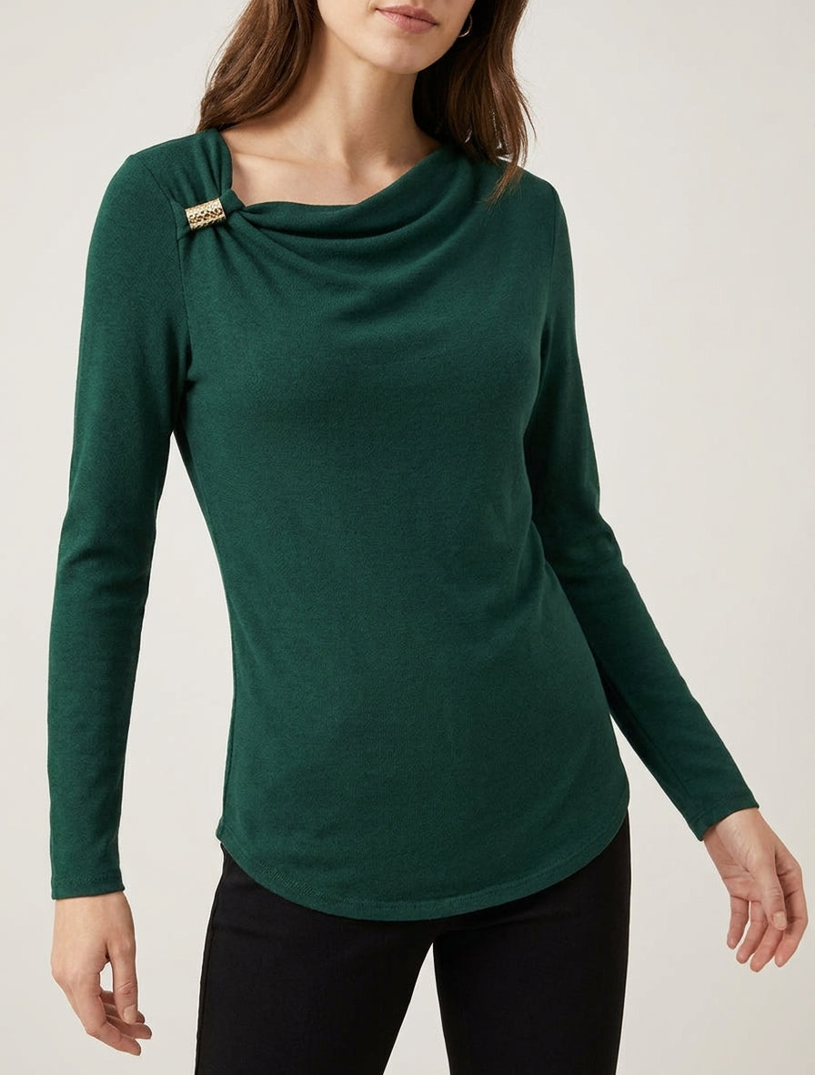 Feiner Pullover mit Wasserfallausschnitt - Tannengrün